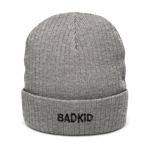 Bad Kid knit hat in heather gray.