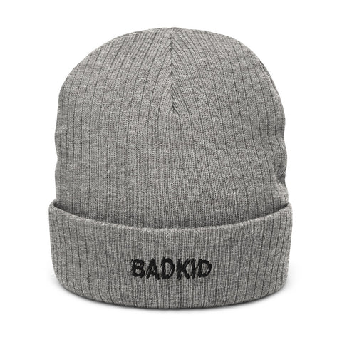 Bad Kid knit hat in heather gray.